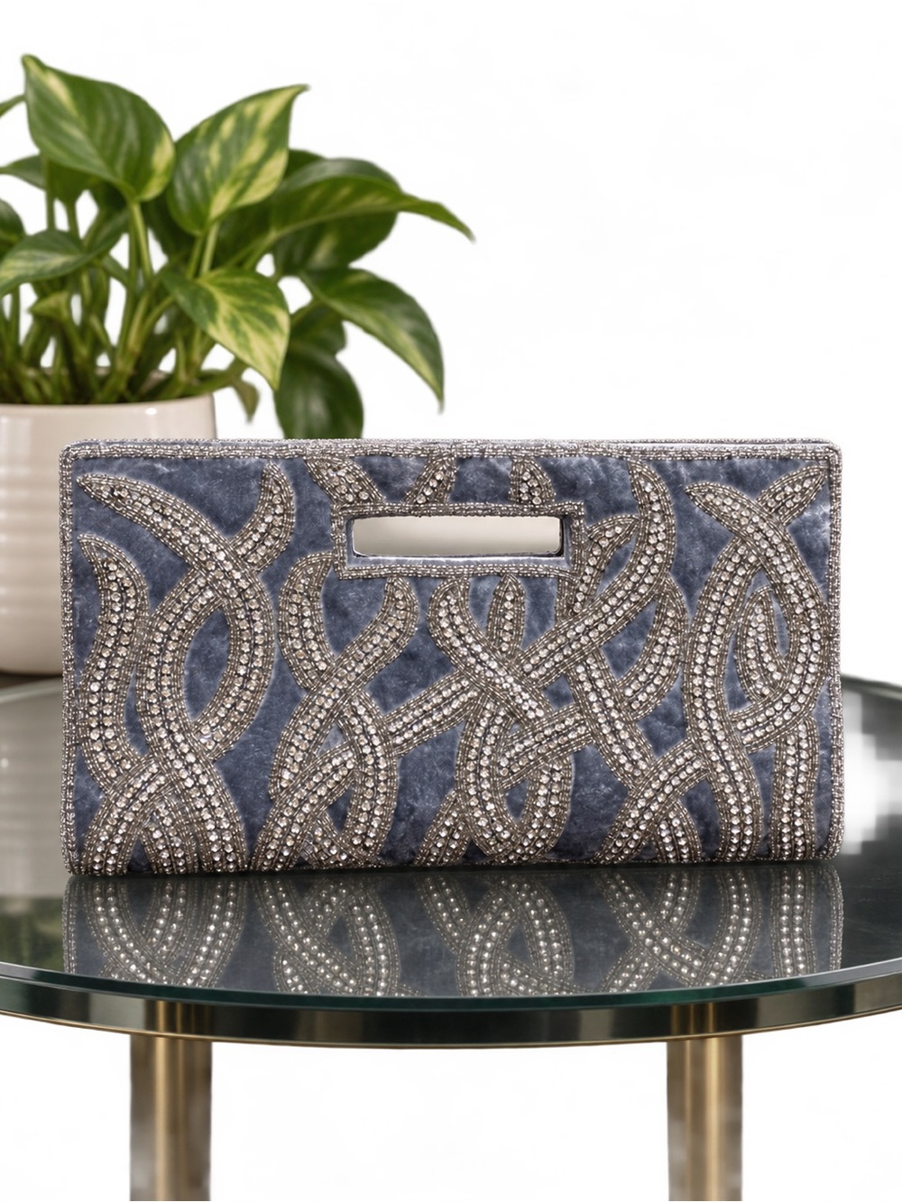 Embellished Blue Velvet Evening Clutch